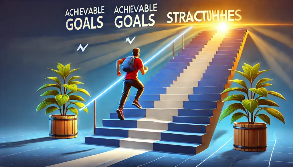 A character climbing a staircase with each step labeled with achievable goals, leading to a bright finish line at the top. Highly detailed, 16:9 aspect ratio, motivational and structured.