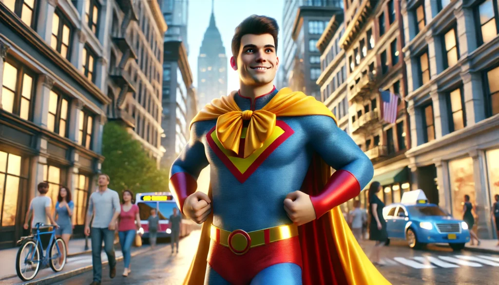 A character confidently walking down a bustling city street, wearing a bright, superhero-style cape and a confident smile. Highly detailed, 16:9 aspect ratio, energetic and inspiring.