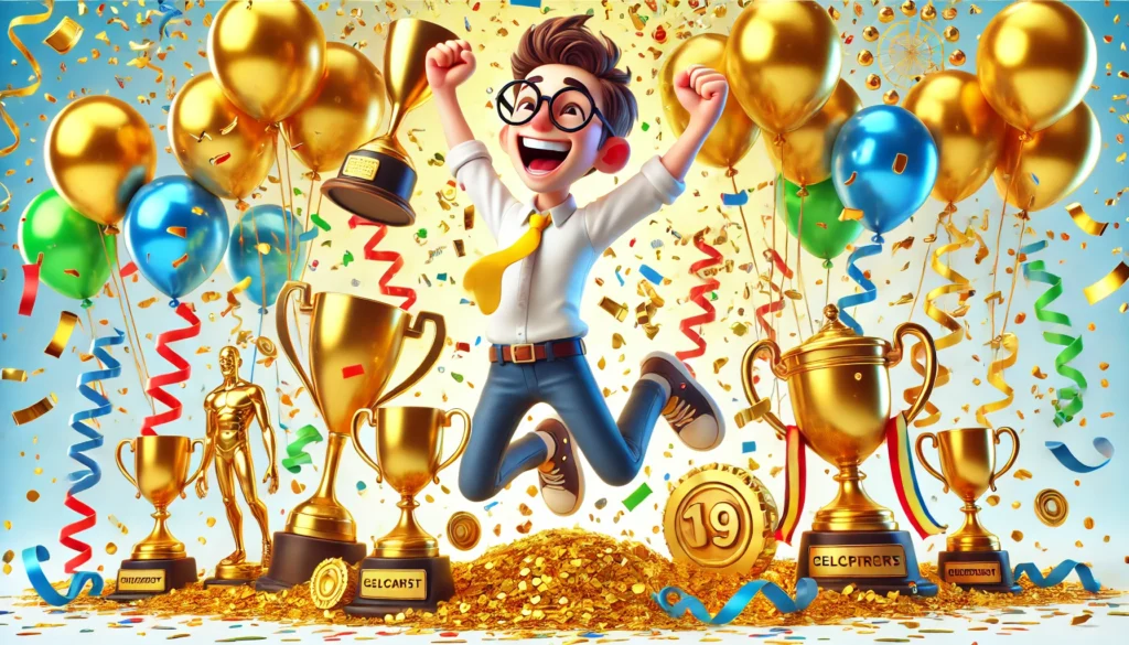 A cheerful character jumping in excitement, surrounded by golden trophies, confetti, and colorful balloons. Highly detailed, 16:9 aspect ratio, celebratory and joyful.