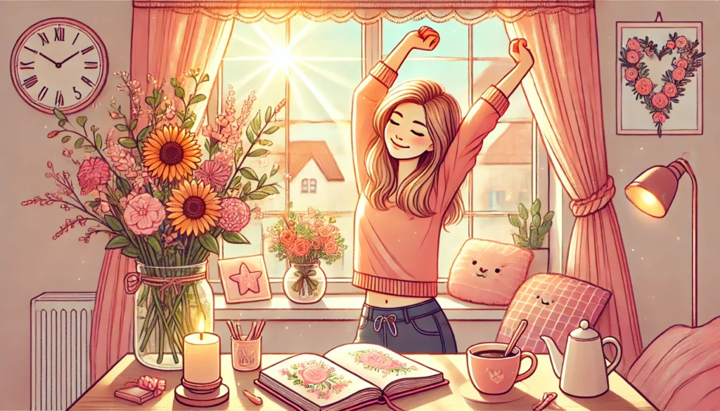 A cheerful young woman stretching by a window with sunlight streaming in. A cozy cup of coffee, a glowing journal, and vibrant flowers are on the windowsill. Feminine hues of pastel pink and peach dominate the scene. The illustration conveys a warm and inviting morning atmosphere, inspiring positivity and calmness. The setting is cozy and full of light, with detailed and soft textures.