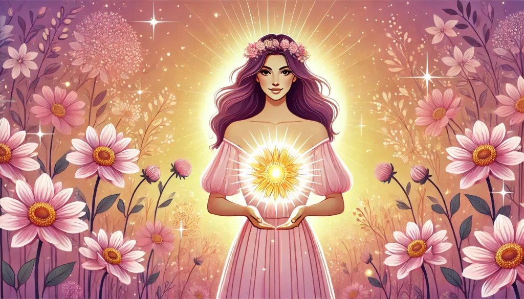 A confident woman standing in a glowing field of flowers, holding a radiant sun in her hands, symbolizing positivity. The background features soft pinks, purples, and gold tones with sparkles around her. The illustration should evoke warmth, happiness, and inspiration, with a feminine and elegant style. The composition is vibrant and uplifting, emphasizing the beauty of the scene.