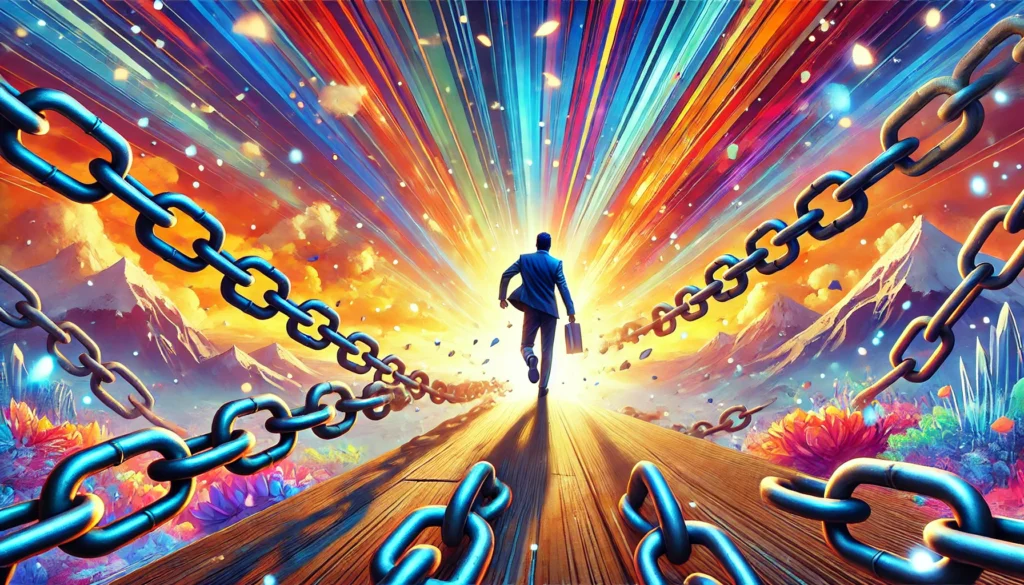 A dynamic scene of a person breaking free from heavy chains, stepping confidently toward a vibrant and colorful landscape filled with opportunities. Highly detailed, 16:9 aspect ratio, uplifting and inspirational.