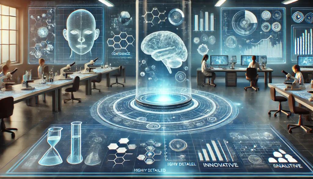 A futuristic lab scene with holographic charts and a glowing brain, symbolizing the scientific exploration of confidence. Highly detailed, 16:9 aspect ratio, innovative and analytical.