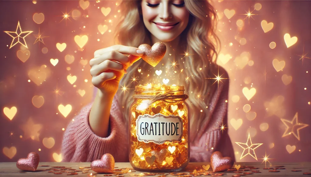 A glowing jar filled with tiny golden hearts and sparkling stars labeled 'Gratitude.' A woman with a joyful expression adds a heart to the jar. Soft, romantic tones of pink, lavender, and gold fill the background. The scene emphasizes warmth, happiness, and elegance with a feminine and uplifting atmosphere.