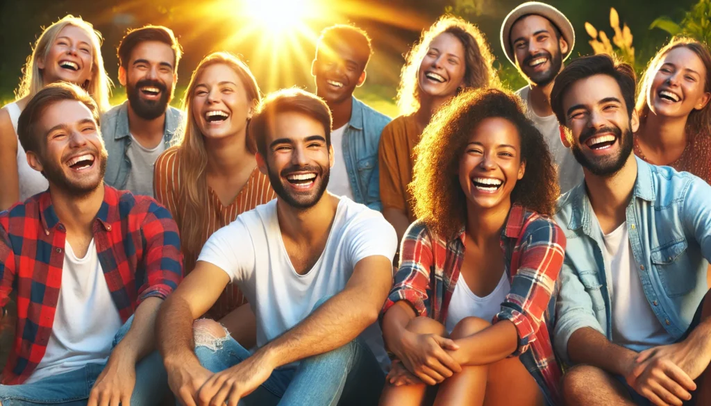 A group of diverse, smiling characters sitting together in a sunny park, sharing laughter and uplifting energy in a vibrant setting. Highly detailed, 16:9 aspect ratio, warm and friendly.