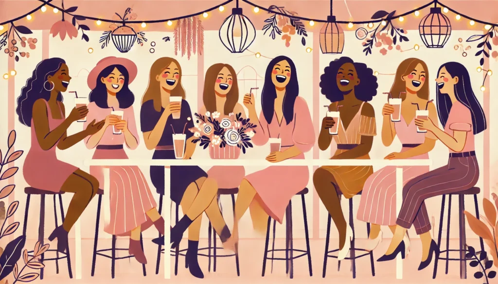 A group of diverse women laughing and sharing drinks at a cozy café. The setting is feminine and warm, with floral decorations, string lights, and pastel-toned outfits. The illustration conveys happiness, friendship, and positive connection with a lively and heartwarming atmosphere.