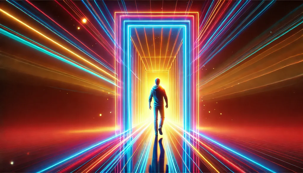 A person confidently stepping through a glowing, colorful doorway into an unknown yet exciting new world. Highly detailed, 16:9 aspect ratio, adventurous and bold.