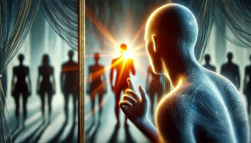 A person looking into a mirror reflecting their unique, glowing self, while ignoring blurry, shadowy figures of others in the background. Highly detailed, 16:9 aspect ratio, introspective and empowering.