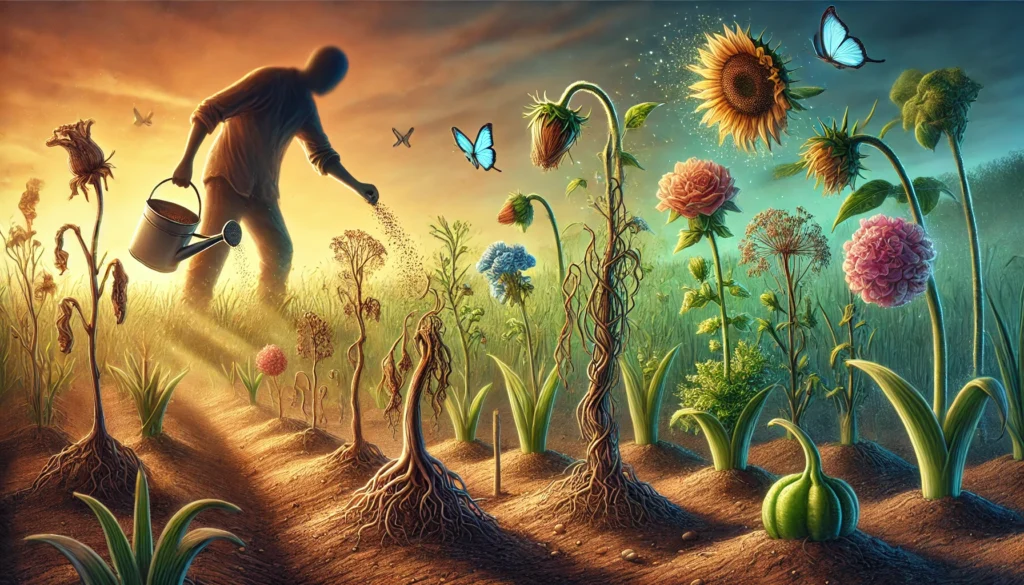 A person planting seeds in a field, with wilted plants transforming into vibrant flowers, symbolizing growth from past mistakes. Highly detailed, 16:9 aspect ratio, hopeful and transformative.