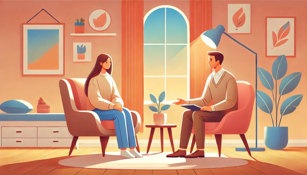 A person sitting on a comfortable chair, talking to a kind and attentive therapist in a warm and welcoming room, filled with soft, colorful tones. Highly detailed, 16:9 aspect ratio, supportive and reassuring.