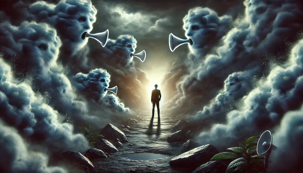 A person standing on a dark, rocky path surrounded by shadowy, whispering clouds symbolizing self-doubt, with a faint glow of confidence shining in the distance. Highly detailed, 16:9 aspect ratio, dramatic and introspective mood.