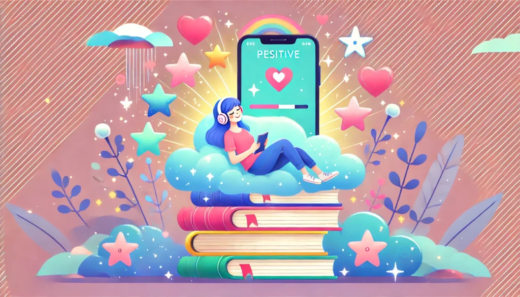 A stack of colorful books and a glowing phone screen displaying uplifting content. A relaxed woman with headphones is lying on a fluffy cloud, surrounded by pastel stars and hearts, symbolizing positivity. The illustration is dreamy, uplifting, and serene with soft pastel colors and glowing highlights.