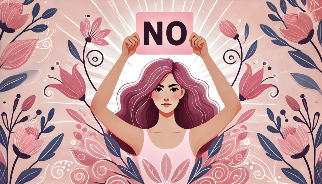 A strong, confident woman holding up a cute, pink sign that says 'No,' surrounded by swirling floral patterns. She looks serene yet assertive, with an empowering glow behind her. The illustration emphasizes strength, self-respect, and empowerment with soft, feminine tones and a modern, bold design.