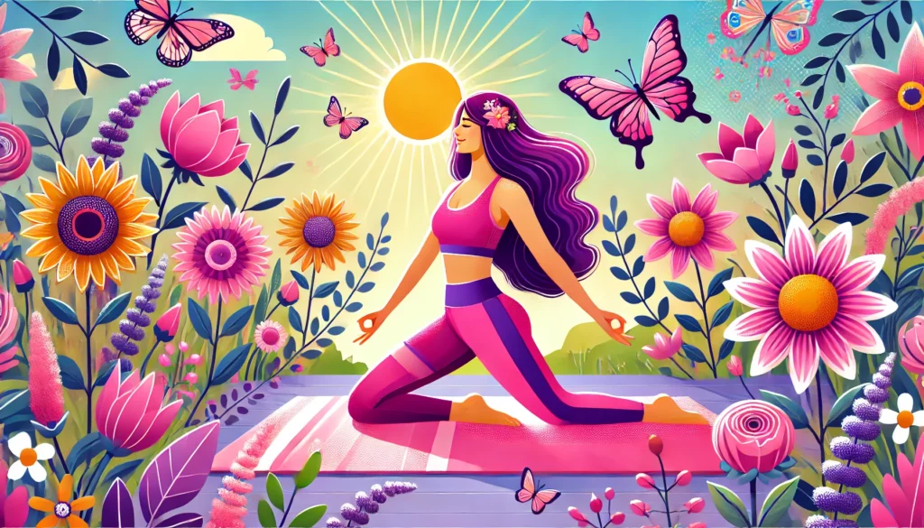 A vibrant scene of a woman doing yoga outdoors on a pink mat surrounded by flowers, butterflies, and sunshine. Her sports outfit is trendy and feminine in shades of pink and purple, with a joyful expression on her face. The illustration is colorful, uplifting, and energetic, with a focus on natural beauty and positivity.