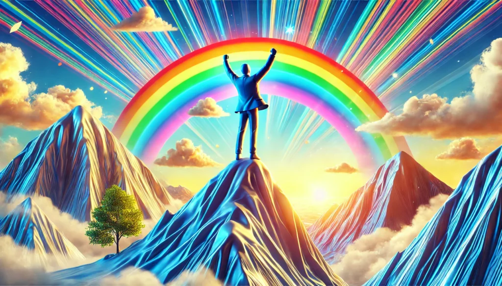 A vibrant, triumphant character standing on a mountain peak, arms raised high under a rainbow-filled sky, symbolizing success and self-confidence. Highly detailed, 16:9 aspect ratio, uplifting and victorious.