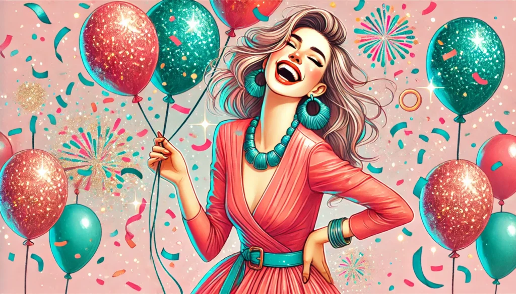 A whimsical, playful illustration of a woman laughing joyfully with colorful confetti and balloons around her. Her outfit is chic and vibrant, in shades of coral and turquoise, with a glittery sparkle in the background. The mood is festive, carefree, and filled with joy, capturing the energy of laughter and celebration.