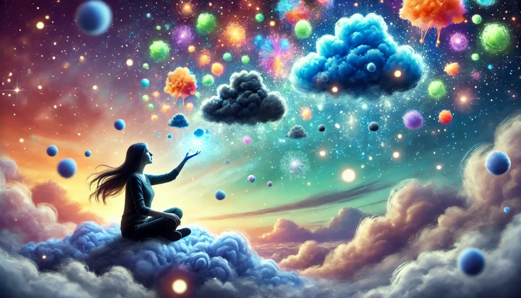 A woman sitting on a dreamy cloud, tossing away dark clouds shaped like thought bubbles, while bright, colorful bubbles of positivity float around her. The sky is a mix of calming blues and purples. The digital art style emphasizes surreal, luminous effects, with a focus on contrast between dark and bright elements. The mood is uplifting, calming, and inspirational.